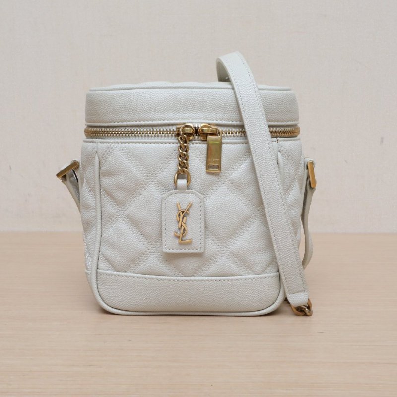 SAINT LAURENT 米白色荔枝牛皮金扣80‘sVanity化妝盒皮牌肩背包-1