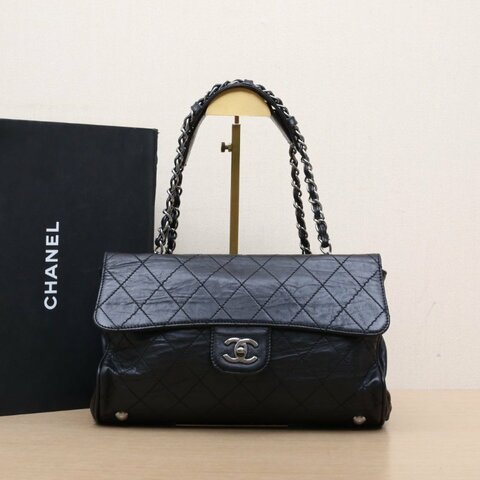 CHANEL 黑色羊皮10開銀扣菱格紋蛙口機場包單肩包肩背包