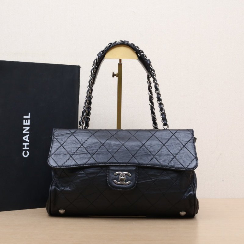 CHANEL 黑色羊皮10開銀扣菱格紋蛙口機場包單肩包肩背包-0