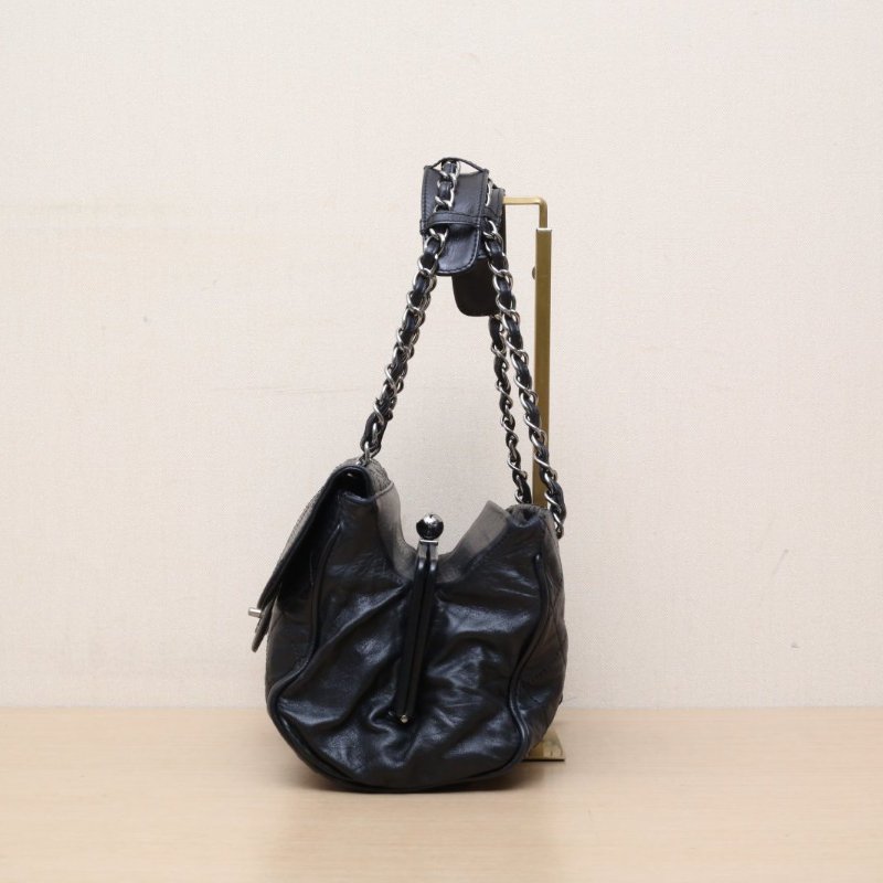 CHANEL 黑色羊皮10開銀扣菱格紋蛙口機場包單肩包肩背包-4