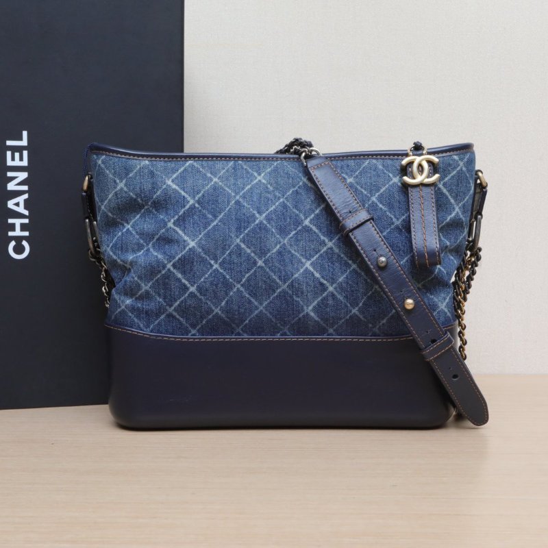 CHANEL GABRIELLE流浪中號28牛仔藍牛皮/帆布25開金銀扣肩背包-0