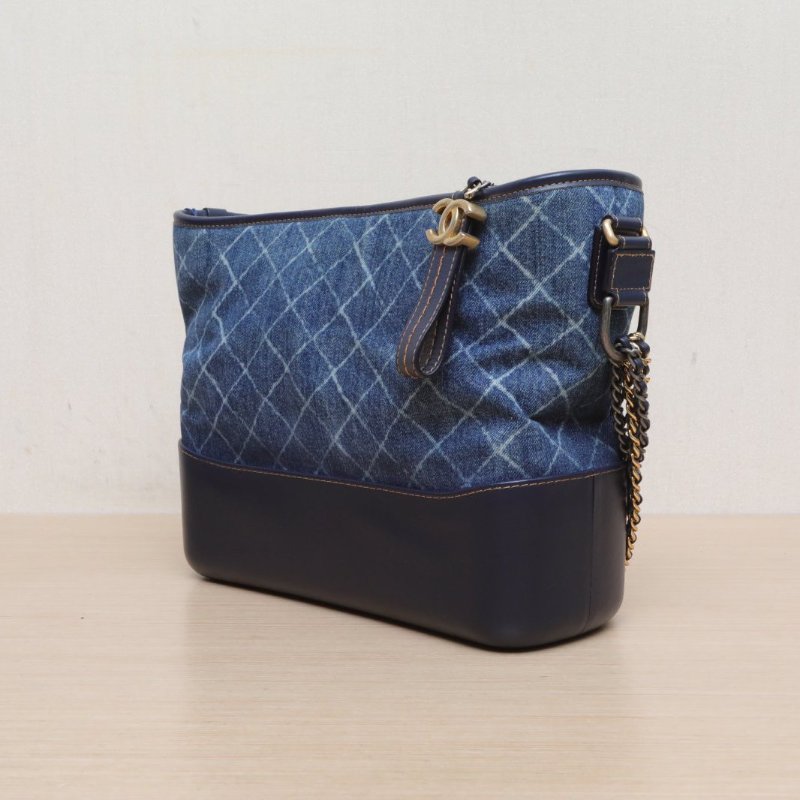 CHANEL GABRIELLE流浪中號28牛仔藍牛皮/帆布25開金銀扣肩背包-3