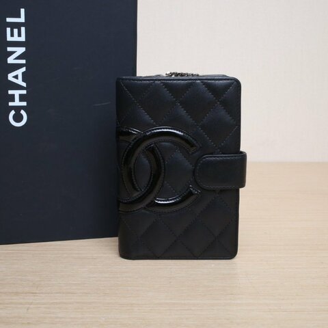 CHANEL 中古康鵬短款錢包黑色牛皮15開銀扣肩背包