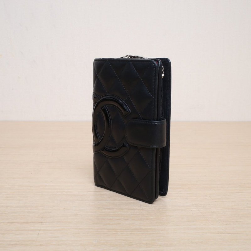 CHANEL 中古康鵬短款錢包黑色牛皮15開銀扣肩背包-2