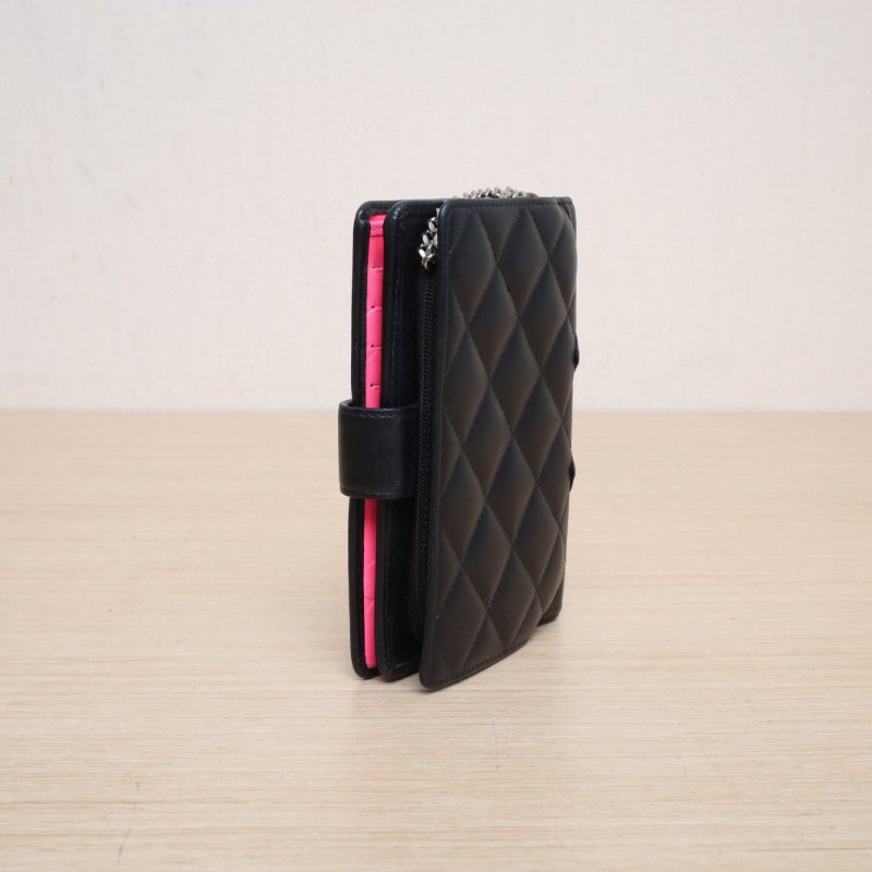 CHANEL 中古康鵬短款錢包黑色牛皮15開銀扣肩背包-4