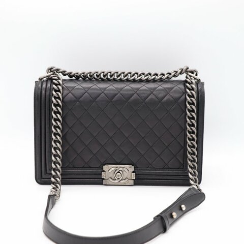 Chanel 香奈兒 Leboy 黑色牛皮 菱格紋 鏈條包 斜挎包