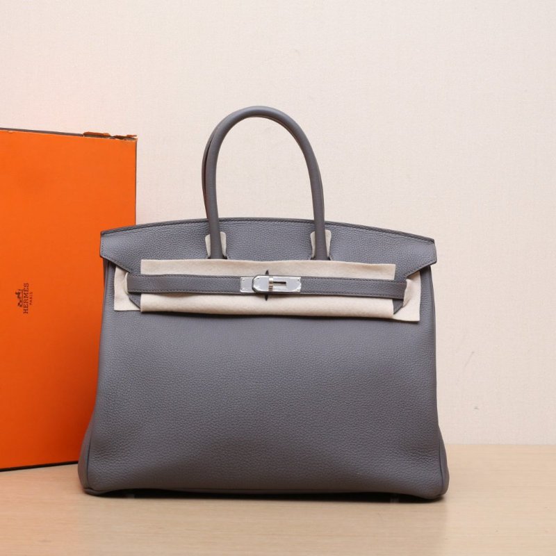 HERMES Birkin358F錫器灰Togo皮A刻銀扣肩背包-0