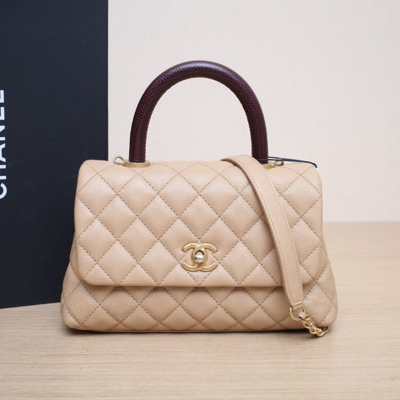 CHANEL CocoHandle小號24奶茶色荔枝牛皮28開金扣肩背包-0