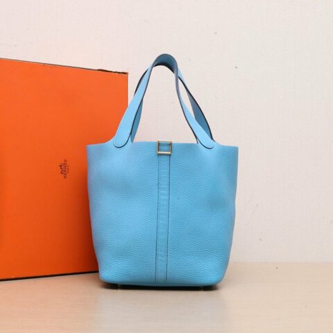 HERMES Picotin22菜籃子P3北方藍TC皮D刻金扣肩背包