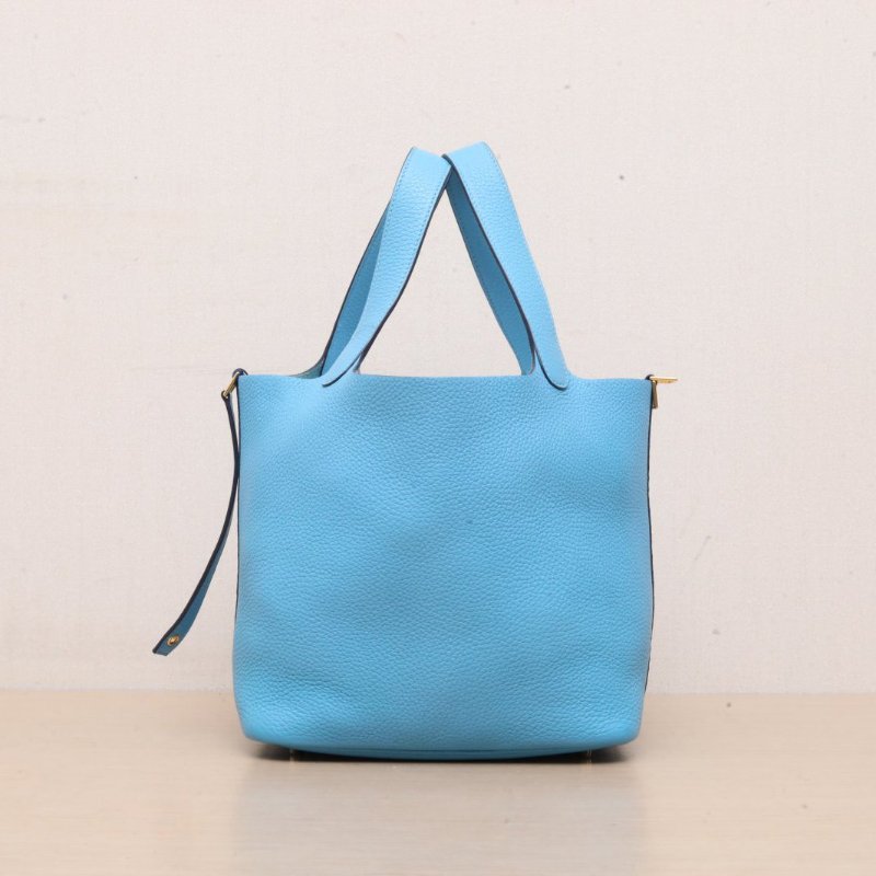 HERMES Picotin22菜籃子P3北方藍TC皮D刻金扣肩背包-4