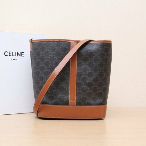 CELINE Triomphe凱旋門標誌印花Canvas水桶包中號27老花PVC金扣肩背包