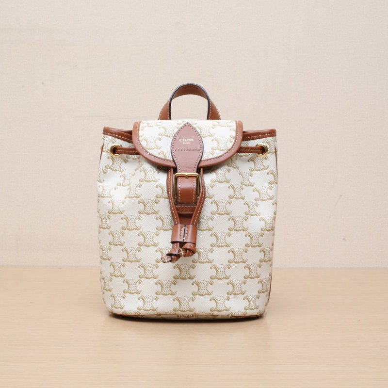 CELINE Folco抽繩雙肩包Mini迷你白色PVC金扣老花肩背包-1