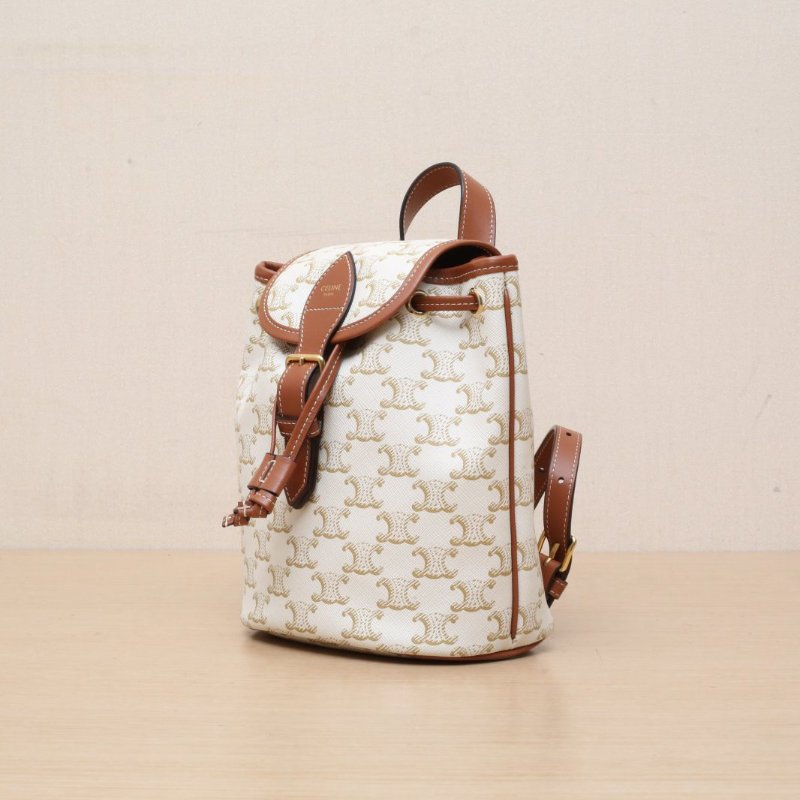 CELINE Folco抽繩雙肩包Mini迷你白色PVC金扣老花肩背包-4