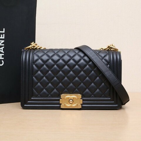 CHANEL Leboy中號25黑色牛皮晶片開金扣菱格紋肩背包