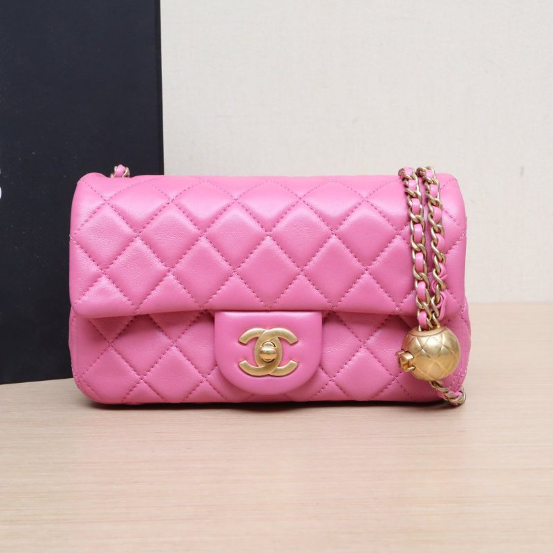 CHANEL CF口蓋包大Mini20粉紅色羊皮29開金扣金球調節扣肩帶肩背包-0