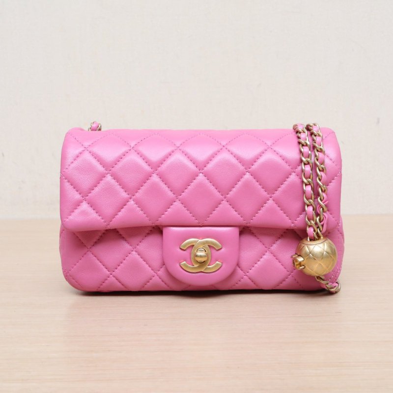 CHANEL CF口蓋包大Mini20粉紅色羊皮29開金扣金球調節扣肩帶肩背包-1