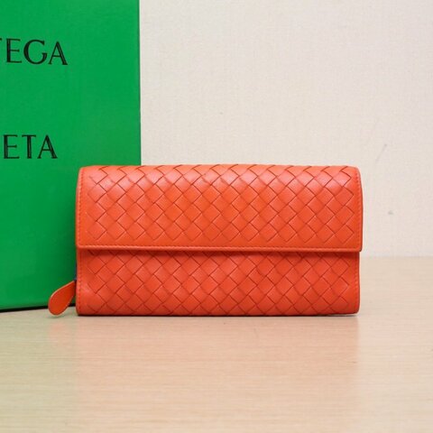 BOTTEGA VENETA 橘紅色羊皮長款編織錢包肩背包