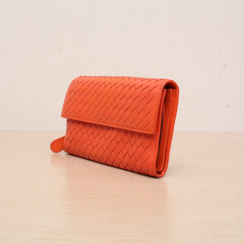 BOTTEGA VENETA 橘紅色羊皮長款編織錢包肩背包-3