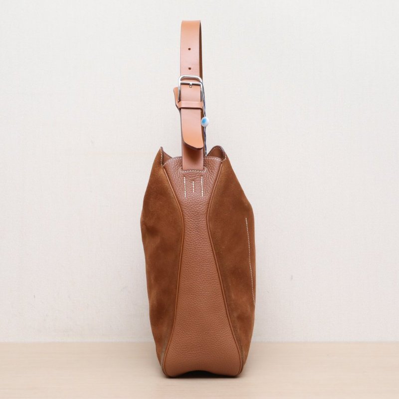 HERMES 37金棕色麂皮X刻銀扣Virevolte水桶肩背包-4