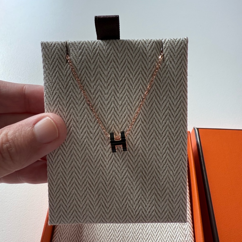 Hermes pop h 項鍊 玫瑰金配黑色-7