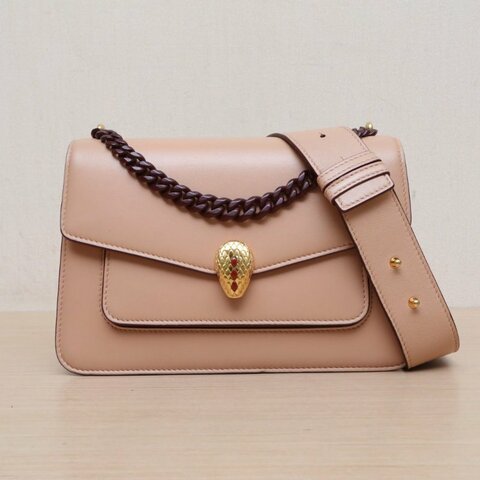 BVLGARI 奶茶色羊皮金扣Serpentiforever風琴蛇頭包亞曆山大聯名款肩背包