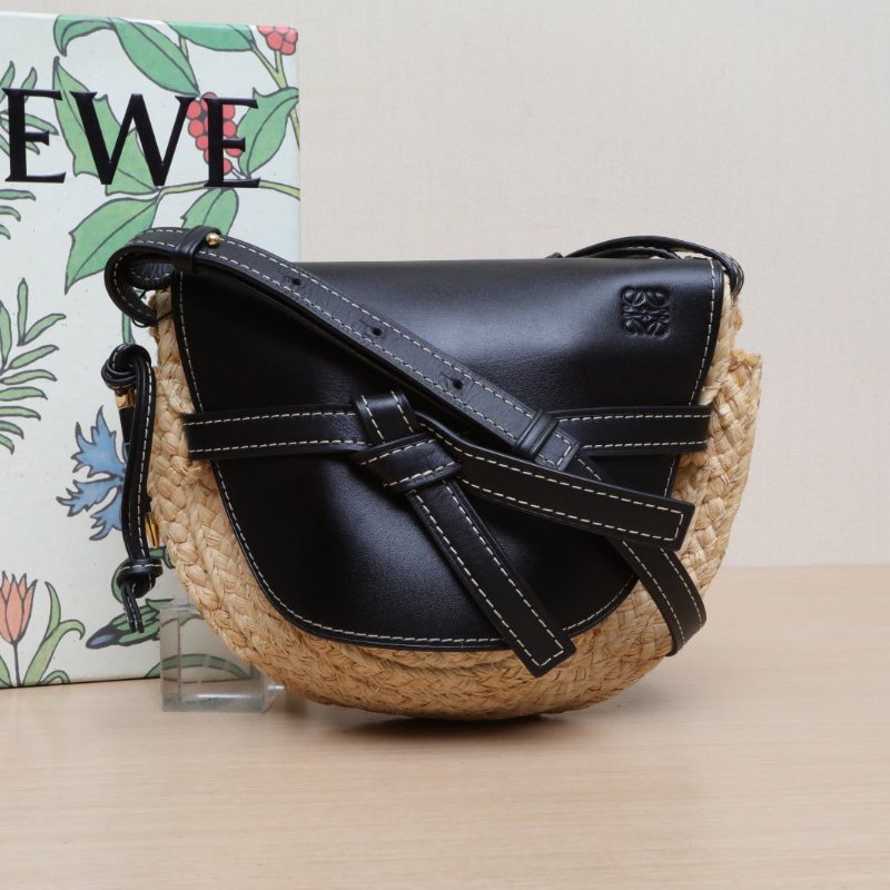 LOEWE Gate馬鞍斜跨包小號黑色牛皮/草編肩背包-0