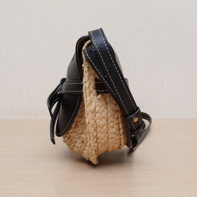 LOEWE Gate馬鞍斜跨包小號黑色牛皮/草編肩背包-4