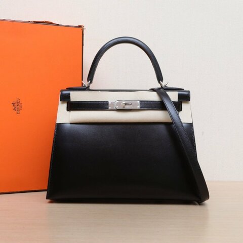 HERMES Kelly2889黑色Box皮W刻銀扣肩背包