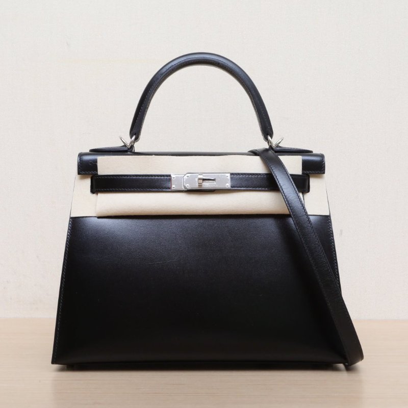 HERMES Kelly2889黑色Box皮W刻銀扣肩背包-1