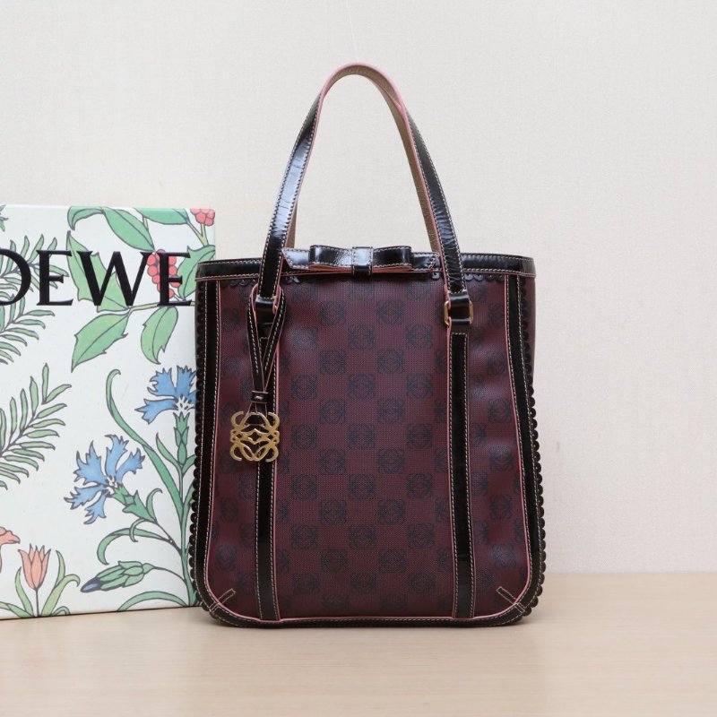 LOEWE 酒紅色PVC中古滿印蝴蝶結托特包手提包肩背包-0