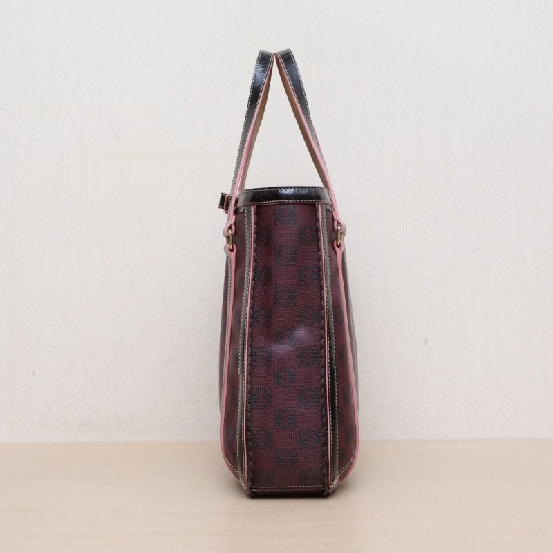 LOEWE 酒紅色PVC中古滿印蝴蝶結托特包手提包肩背包-4