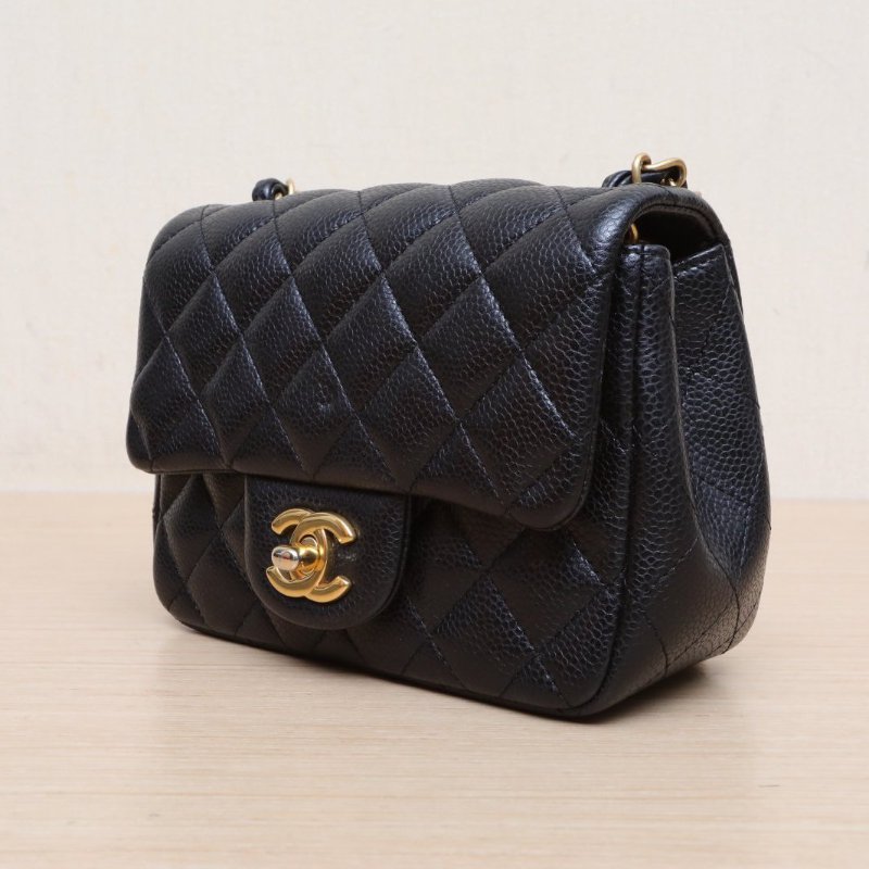 CHANEL CF口蓋包方胖子17黑色荔枝牛皮21開金扣肩背包-2