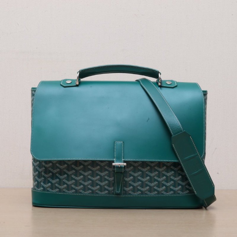 GOYARD 綠色PVCCITADIN滿印帆布拼皮單肩手提公事包郵差包小號肩背包-0