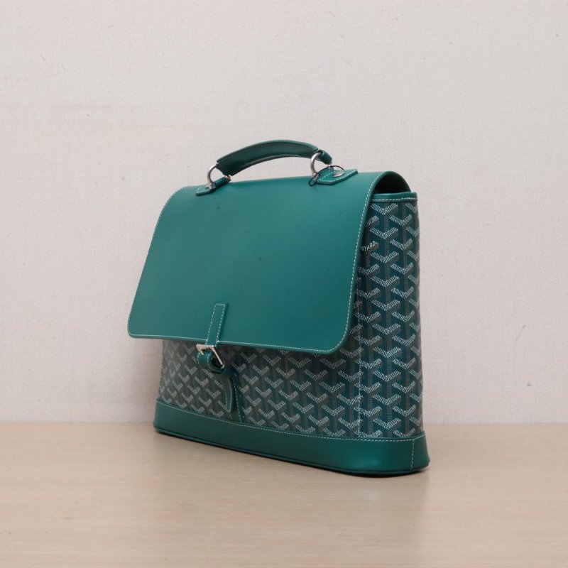 GOYARD 綠色PVCCITADIN滿印帆布拼皮單肩手提公事包郵差包小號肩背包-4