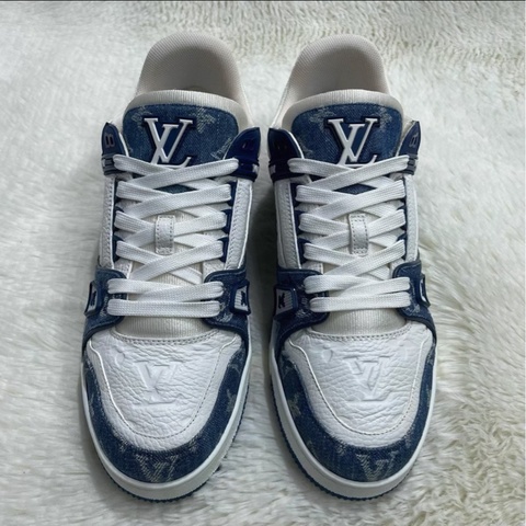 97新LOUIS VUITTON Trainer 小牛皮 圓頭系帶 低幫 板鞋 男女同款 藍白色【41碼】無盒 鞋面成色很新