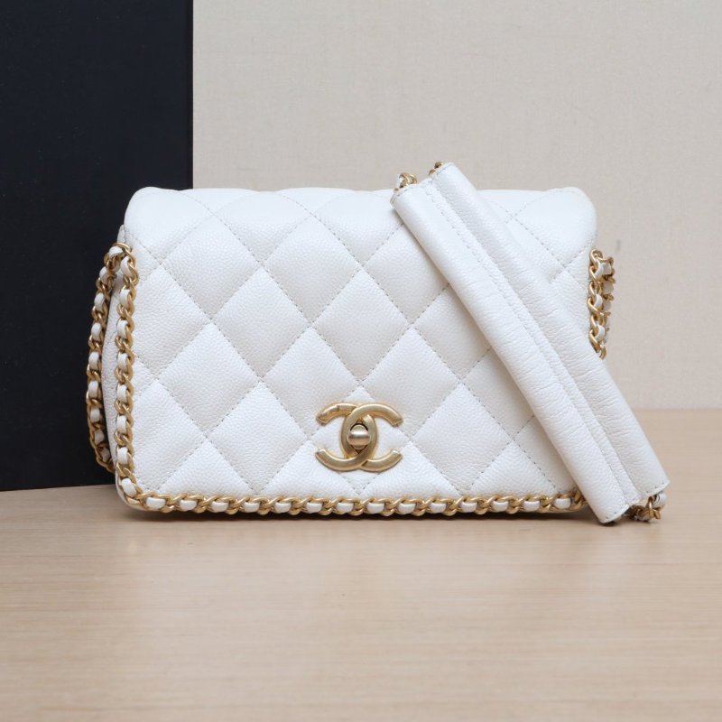 CHANEL 22B口蓋包20.5白色荔枝牛皮晶片開金扣皮穿鏈滾邊金幣雙皮穿鏈肩背包-0