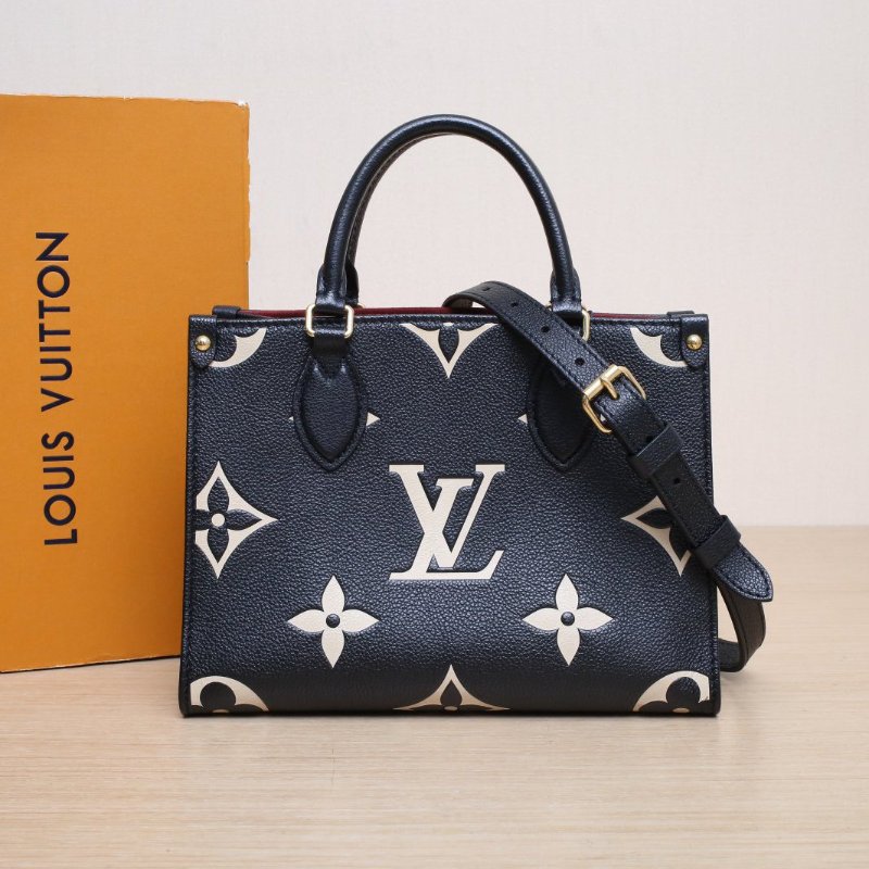 LOUIS VUITTON Onthego小號25黑白牛皮金扣晶片老花壓紋肩背包-0