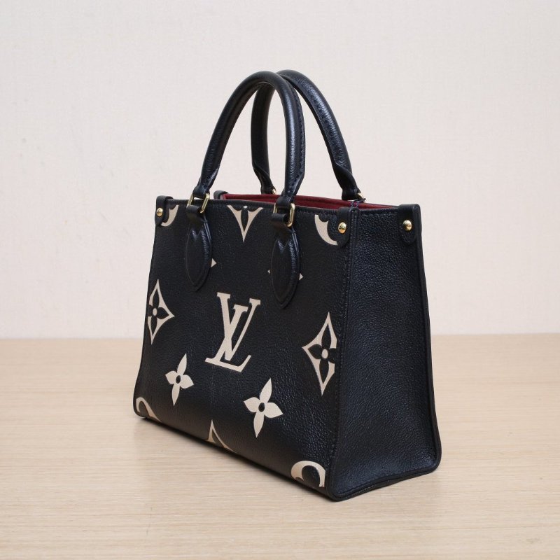 LOUIS VUITTON Onthego小號25黑白牛皮金扣晶片老花壓紋肩背包-4