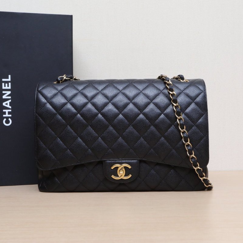 CHANEL CF口蓋包MAXI33黑色荔枝牛皮19開金扣肩背包-0