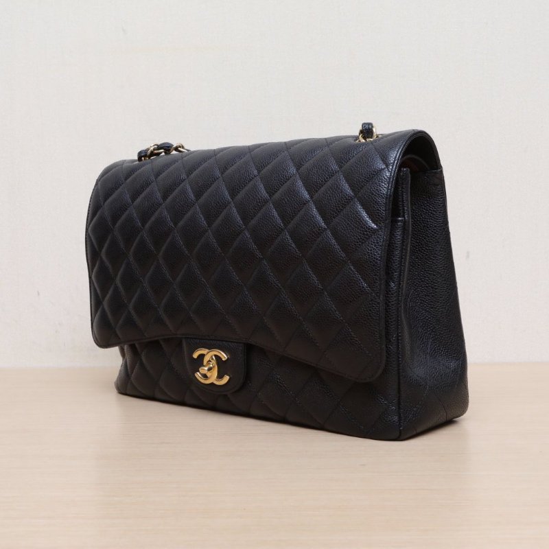 CHANEL CF口蓋包MAXI33黑色荔枝牛皮19開金扣肩背包-3