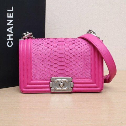 CHANEL Leboy小號20.5紫色蛇皮20開銀扣肩背包