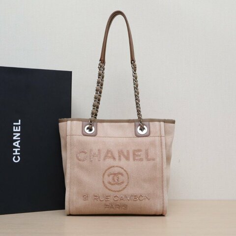 CHANEL 沙灘包購物包小號奶茶色帆布24開銀扣肩背包