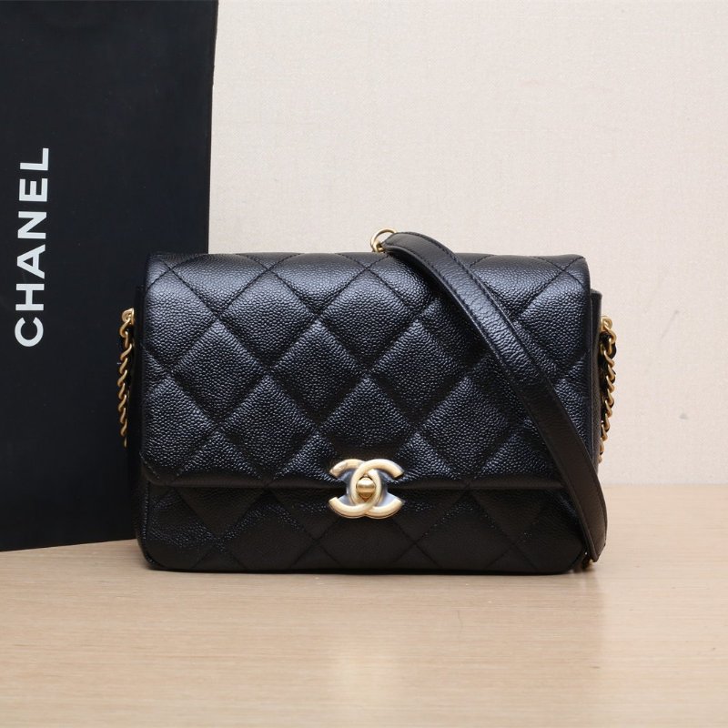 CHANEL 22P口蓋包21黑色荔枝牛皮晶片開金扣雙皮穿鏈拼鏈條肩背包-0