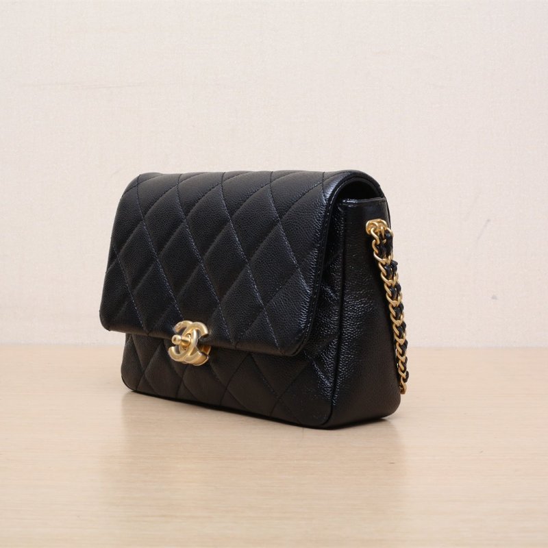 CHANEL 22P口蓋包21黑色荔枝牛皮晶片開金扣雙皮穿鏈拼鏈條肩背包-3