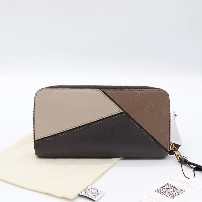 Loewe 羅威 Puzzle 切線色塊拼接 黑色 咖啡色 膚色 牛皮拉鍊長夾-1