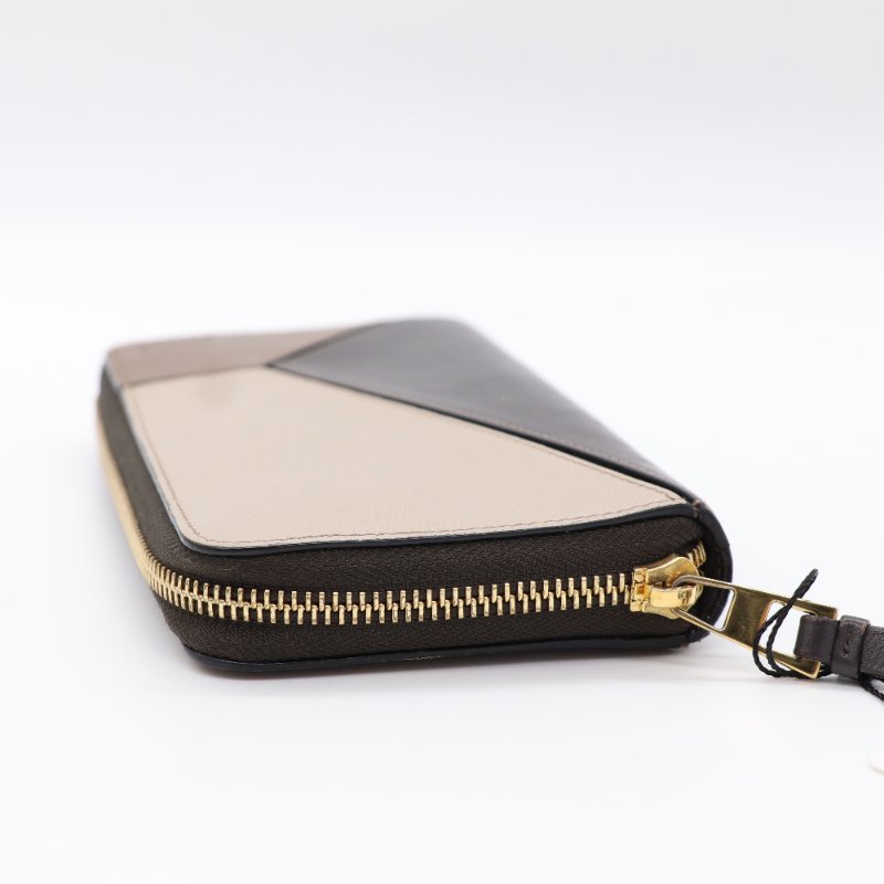 Loewe 羅威 Puzzle 切線色塊拼接 黑色 咖啡色 膚色 牛皮拉鍊長夾-3