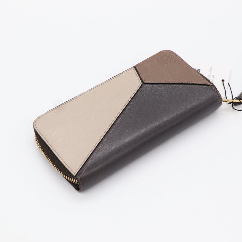 Loewe 羅威 Puzzle 切線色塊拼接 黑色 咖啡色 膚色 牛皮拉鍊長夾-4