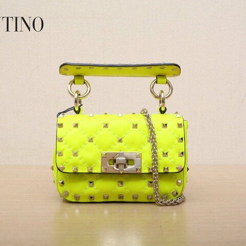 VALENTINO ROCKSTUDSPIKE超mini14鏈式手袋黃色羊皮淺金扣螢光黃肩背包