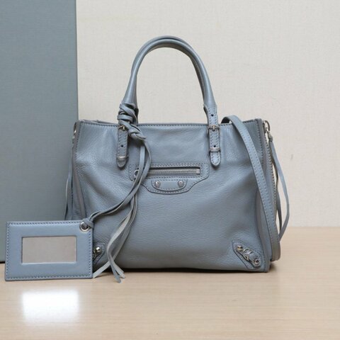 BALENCIAGA CLASSIC機車包雙側拉鏈敞口包小號霧霾藍牛皮銀扣肩背包