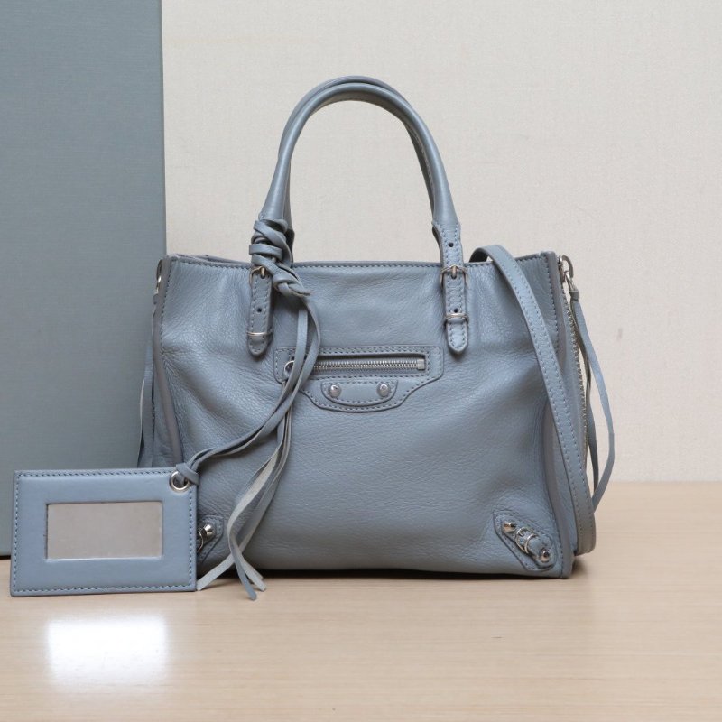 BALENCIAGA CLASSIC機車包雙側拉鏈敞口包小號霧霾藍牛皮銀扣肩背包-0